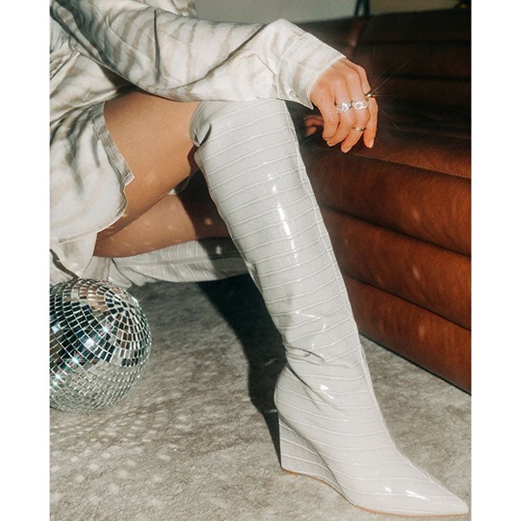 Faux Crocodile Wedge Heel Knee-High Boots - Picture 2 of 6